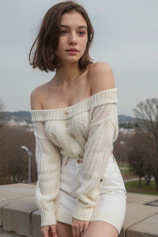 futuralacylotus11960v52,(closeup) Portrait of pretty young (18-year-old) pale milky white skin Caucasian woman ((Seated on a bench, legs crossed, leaning back with an alluring gaze.:1.07)), outdoor, BREAK (ginger Twisted side-swept curls: Soft and romantic curls swept to the side, with some sections twisted and pinned for added elegance and charm.), no makeup, long dainty necklace, (((elegant and classy:1.05) Light gray cropped cardigan paired with a high-waisted A-line skirt.)) , <lora:epi_noiseoffset2:1> BREAK (magazine cover:1.10), BREAK (masterpiece, extremely detailed skin, photorealistic, heavy shadow, dramatic and cinematic lighting, key light, fill light), sharp focus, BREAK location is (outdoor Buenos Aires, Argentina), <lora:InstantPhotoX3:0.4>, <lora:ClothingAdjuster3:-0.7>