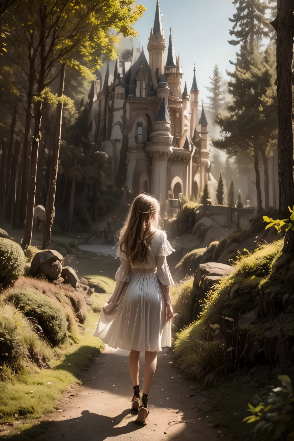 A dreamlike fantasy landscape, a surreal forest with glowing mushrooms, floating islands, and a whimsical castle in the distance, 1girl, detailed face, beautiful eyes, long hair, detailed dress, walking through the mystical scenery, (best quality,4k,8k,highres,masterpiece:1.2),ultra-detailed,(realistic,photorealistic,photo-realistic:1.37),fantasy,surreal,dreamscape,magical,ethereal,glowing,vibrant colors,dramatic lighting