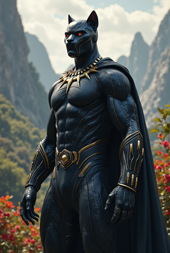 A majestic Marvel superhero, the Black Panther, stands regal with the feline features of a Maine Coon cat's head. His sleek black suit glistens under warm, golden lighting, highlighting the sharp angles of his face. The camera frames him from a low angle, emphasizing his powerful physique and authoritative stance. In the background, a subtle cityscape hums with urban energy, as the Black Panther gazes out, his piercing gaze reflecting wisdom and determination