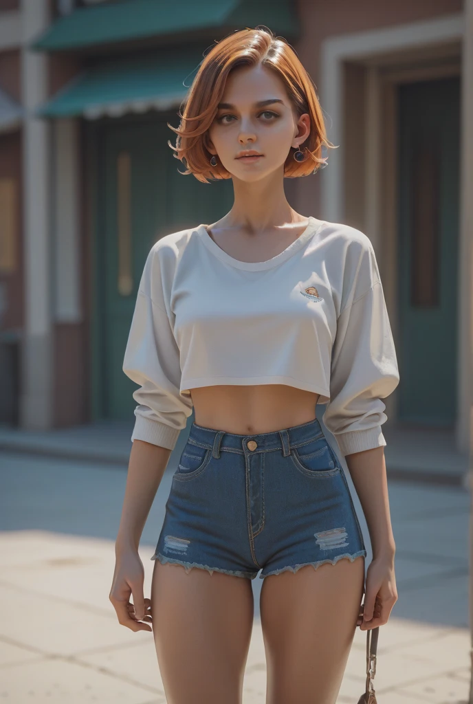 Caucasian woman, redhead, (((curly hair))), medium hair, ((((honey eyes))), lined eyes, (shiny eyes), ((highlights eyes))), ((freckles on face)), red lipstick, makeup, smile, ((freckles on body)), (((athletic body))), ((small breasts)), ((legs)), (((Distressed black hoodie with patches))), (((((white top)))), ((torn denim shorts)), Necklace, bracelets, earrings and wrist watch, standing In the city, side shot.