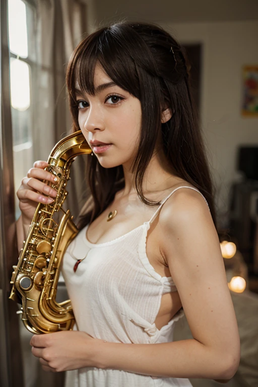 masterpiece、highest quality、High resolution、table top、wallpaper、realistic、bright lighting、professional lighting、face light、smooth lighting、japanese woman、adult、Beautiful woman、action、gravure、sexy、poor、super beautiful、beautiful skin、beautiful and detailed eyes、detailed face、slim、Moderate、short hair、brunette colored hair、brown eyes、look at the camera、I have a saxophone、Buttocks、whole body、