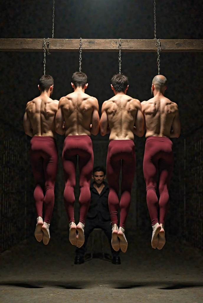 Seven muscular men wearing only jockstraps are completely submerged in living purple goo consuming their entire bodies