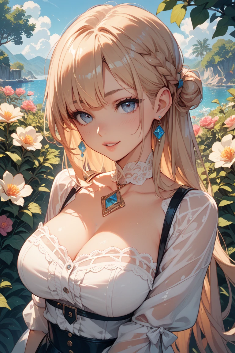((best quality)), sexy, blonde ponytail hair, green eyes, pretty, thin skimpy white robes, colourful flower field, big breasts, colours, sexy, upper body, cleavage, sunset, see-through, thin fabric,