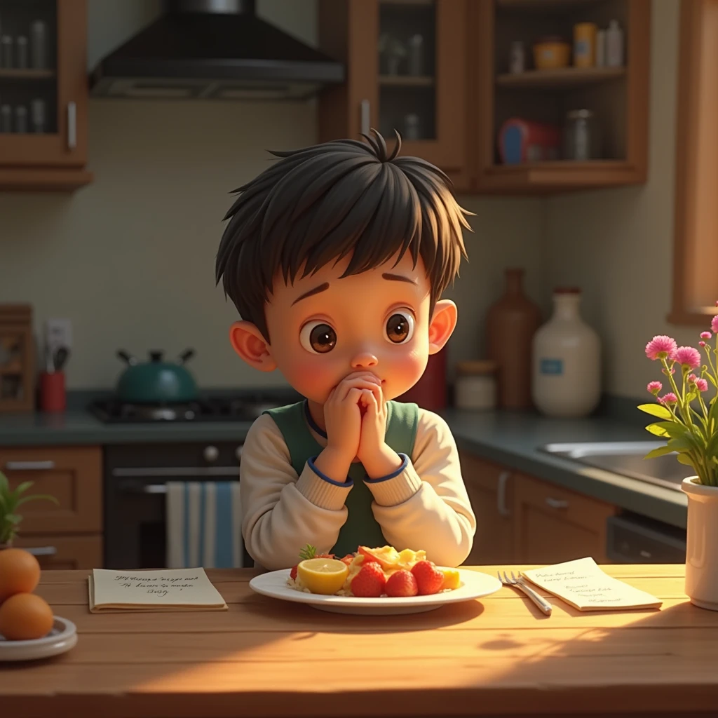 a boy looking to a plate on a table; on this plate there is a bread with gem; there is a cat sleeping on the floor behind this boy