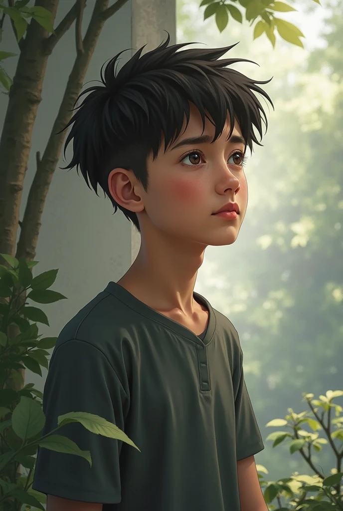 There was a boy under a tree，Very handsome，The sun shines on his face，There was also a leaf covering his left eye