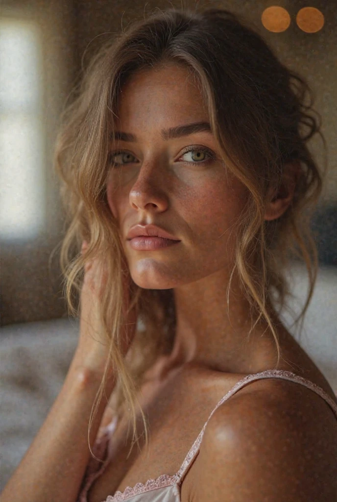 A woman with striking green eyes and a defined face, Featuring elegant and feminine traits, Highlighting your beauty both in your face and body.

She must be in one piece with little clothes..
A medium, firm chest with prominent nipples and a slim waist.