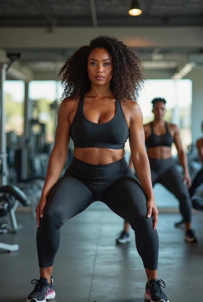 ONE GIRL. best quality, ultra-detailed, hyper realistic, 8k, full body shot, 23 years old, Nigerian beautiful girl, round shaped face, dark black skin, highly detailed skin with blemishes, ebony, dark natural afro hair, fit athletic figure, full body, big natural E cup breasts, wide hips, wearing a gym outfit, cleavage, provocative expression, looking at her legs, sexy alluring pose, shinny wet skin, posing in a gym