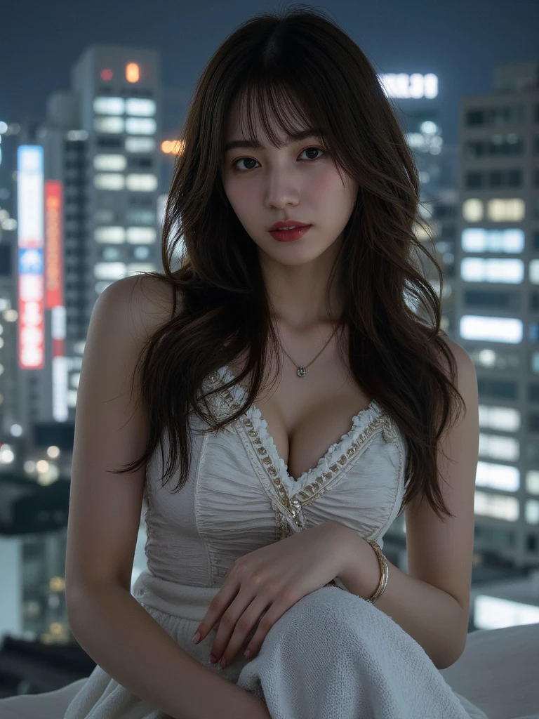 masterpiece、1 beautiful girl、Beautiful Eyes、smile、Puffy eyes、Highest quality, 超High resolution, (reality: 1.4), Cinema Lighting、Japanese、Asian Beauty、Korean、so beautiful、Beautiful Skin、Body facing forward、(超reality的な)、(High resolution)、(8k)、(Very detailed)、(美しくBeautiful Eyes)、(Very detailedな)、 (wall-)、Detailed face、Bright lighting、Professional Lighting、Looking at the audience、Look straight ahead、Diagonal bangs、Perfect cosplay,木戸Saori, Athena,Bright purple hair,Are standing, alone, big_chest, Saori_Sleeveless_white_dress, Saori_accessories, staff_Nod, masterpiece, Highest quality, Detailed face, Beautiful Eyes, High resolution,、,, building, (Cityscape:1.7),  , (nightview:1.7),,,, , universe,, (universe:1.5), , Inside the rocket, , 、,,
 、,, 