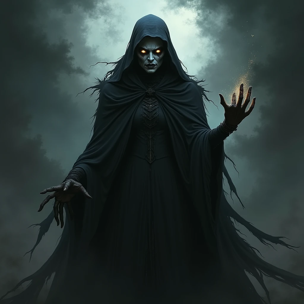 Scary portrait of a witch, his face obscured by ethereal veils, Bright eyes full of sadness and torment, 8k resolution, the mysterious luminescence of its form contrasting with the shadows of the underworld it inhabits