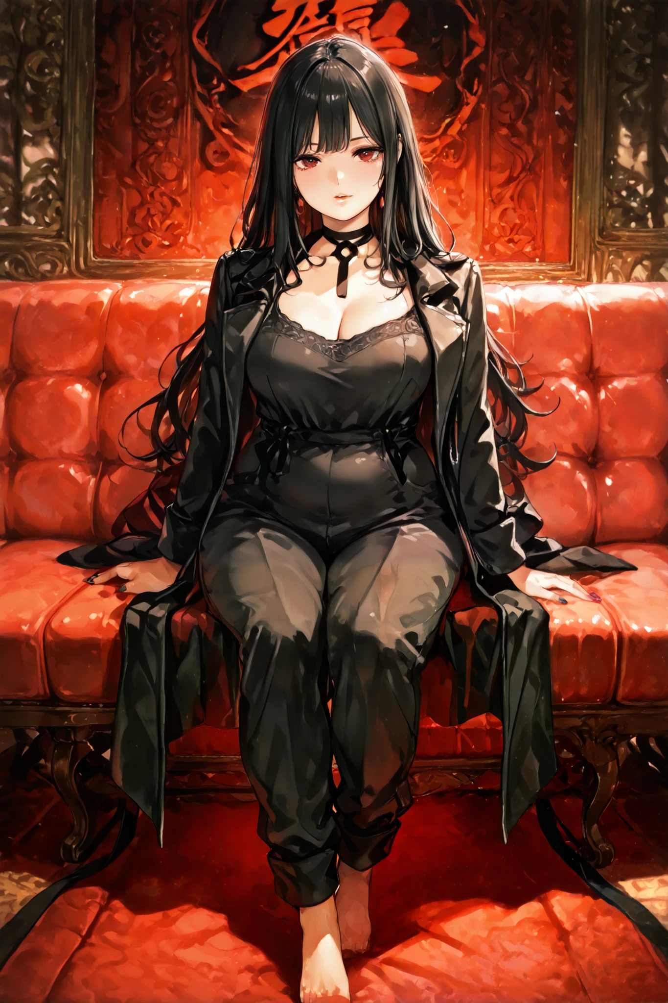 An elegant chubby woman, , long black hair, wearing a black closed jumpsuit complete from feet to neck, black overcoat with red interior, places her fingers on her lips, symbolizing silence. Her nails were long and painted bright red. The background is solid black