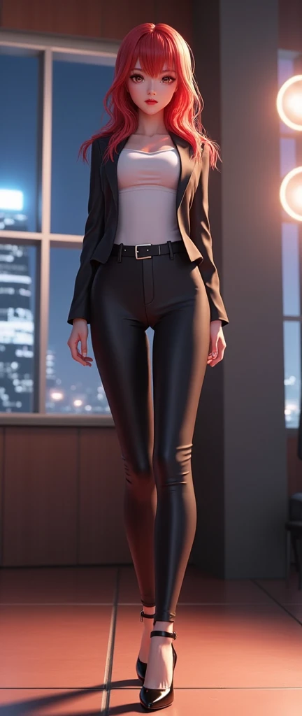 masterpiece, best quality, absurdres, perfect anatomy, 1girl, solo, Gina Boyd, short hair, bangs, indoors, pant suit, crop top, midriff, standing, smile, formal, <lora:GinaBoyd-000006:1>