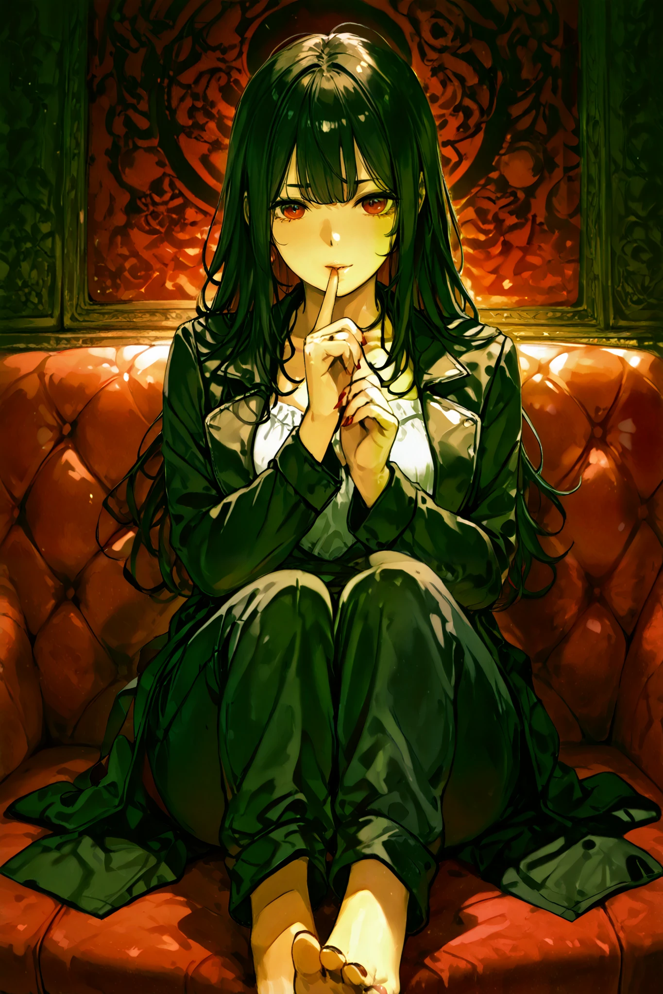An elegant chubby woman, , long black hair, wearing a black closed jumpsuit complete from feet to neck, black overcoat with red interior, places her fingers on her lips, symbolizing silence. Her nails were long and painted bright red. her eyes are half blue and half red. The background is solid black