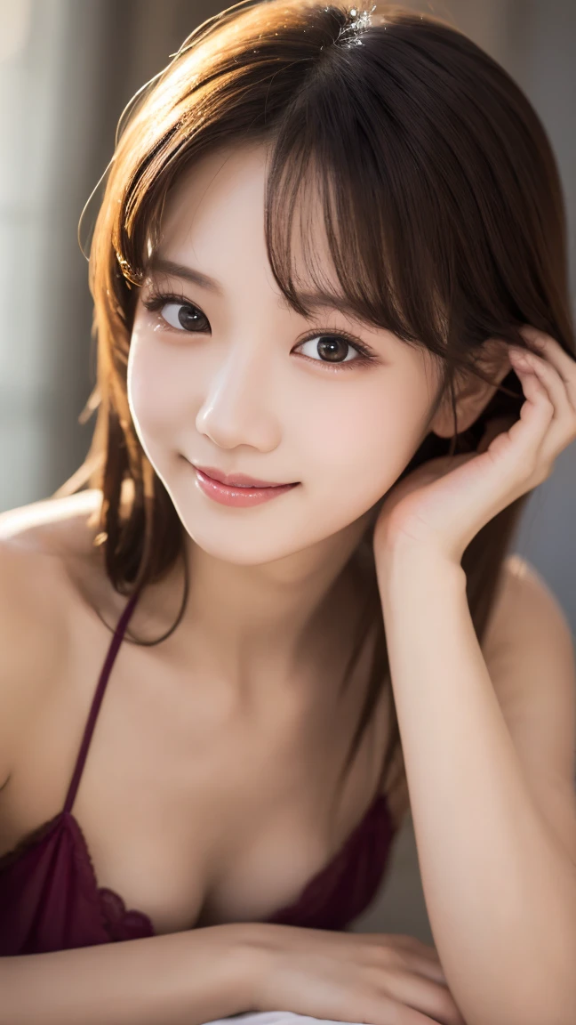 Brown Hair,Medium Hair,18-year-old female, Small nose, With the correct face, Cute natural smile, Japanese facial features, A clean and cute face, Cute realistic portrait, Asian Face, 8K Photo, Soft Makeup,Natural skin texture,Raw photo,highest quality,Full Body Shot,Showcasing cleavage,Seductive pose,Lying Down,