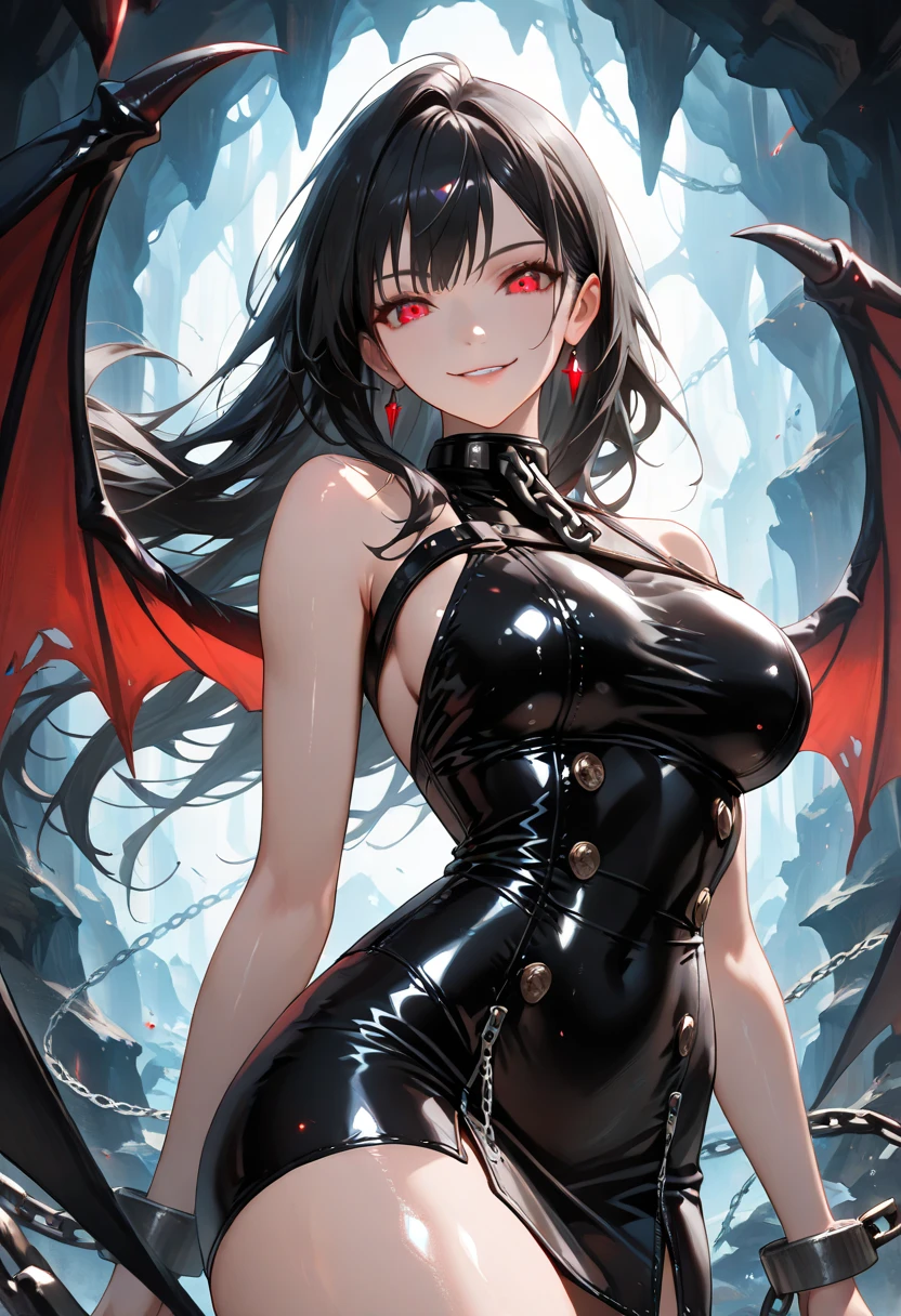 1 young beautiful woman,(Highest quality,Extremely detailed depiction,Incredibly absurd high resolution,Anatomically accurate depiction,Curvy Legs),(Shiny skin,Porcelain-like skin),(Female vampire:1.5,Shiny Black Latex,),eyelash,Sweat,(Red Eyes,Vertically drawn pupils,Crazy Eyes,Large Breasts,A seductive smile,Glossy Red Lips,Half-closed eyes:1.5),whole body,Pointy Ears,Long nails,sharp canines,background:A chapel shrouded in mysterious mist:1.5,A scene that attacks me:1.5