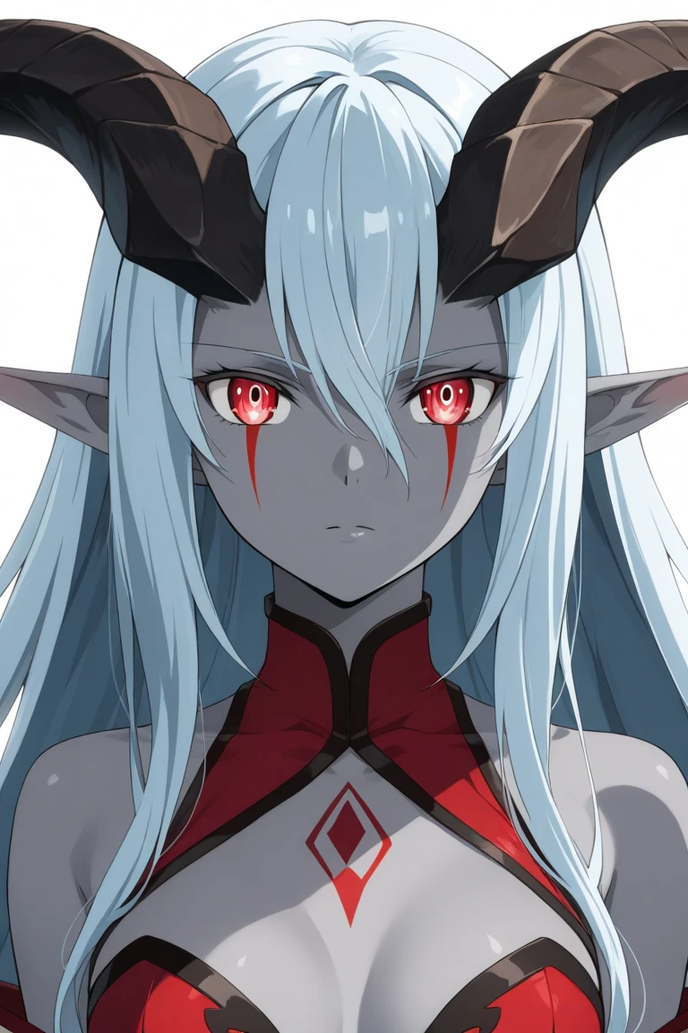 ((Masterpiece: 1.4, Best Quality))+,(Ultra Detail)+, Official Art, Unity 8k Wallpaper, Ultra Detailed, Beautiful, High Quality, Beautiful, Masterpiece, Best Quality, portrait , White Background, silver Straight Hair, Gloomy Eyes, Be, White Theme, fangs ,vampire, red eyes, cat ears