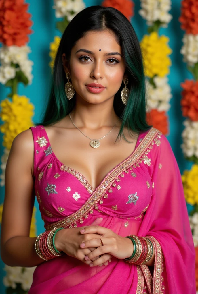 Reshma Pasupuleti Sultry Plus size exhibitionist amorous lady with huge breasts The image shows a woman wearing a traditional saree. The saree has a light pink base color with a floral pattern that includes pink and green hues. The saree is paired with a red blouse that has a round neckline and short sleeves. The woman has her hair styled in a bun, and she is wearing earrings. She is also wearing a bracelet on her left wrist. The background is a natural outdoor setting with green foliage. There is no visible text in the imag