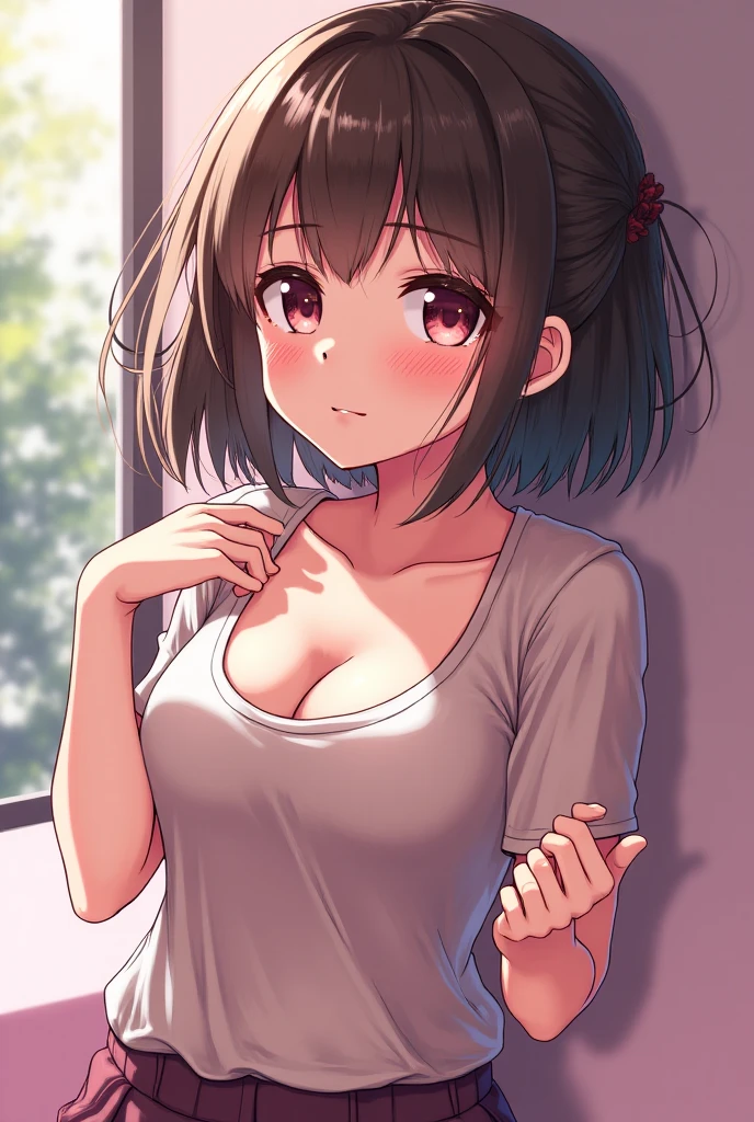1girl, ultra high res, large chest, cleavage, white shirt, gym shorts, bent down, smile