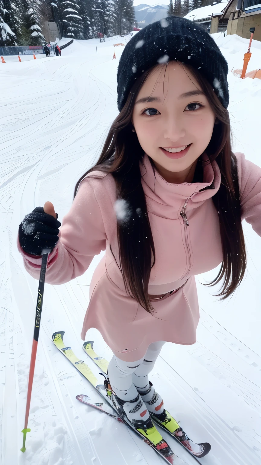 ((pink dress)),(skirt),(ski shoes),(Women's College),( white socks),(Skis),(((Skiing down a snowy mountain slope))),Ski resort, Snow Scenery ,(beautiful black long hair:1.2),beautiful eyes,light in eyes,(thighs),slender body,(Japanese),(((cute face))),big smiles,Beautiful and big breasts,(top quality),(8k),(Ultra Fine),(reality:1.37),(detailed eyes and face:1.3),PROFESSIONAL PHOTOGRAPHY TECHNIQUES,(detailed hands:1.1),((Beautiful hair blowing in the wind:1.2)),((Skisで斜面を滑る)),(I have ski stocks in both hands),Aerial view,ski style