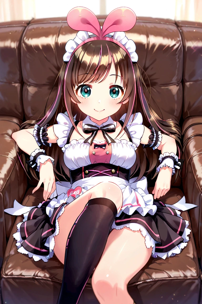 masterpiece, best quality, highres, 1girl latifa, fox tail, pink bowtie detached sleeves corset layered skirt white thighhighs sitting, smile