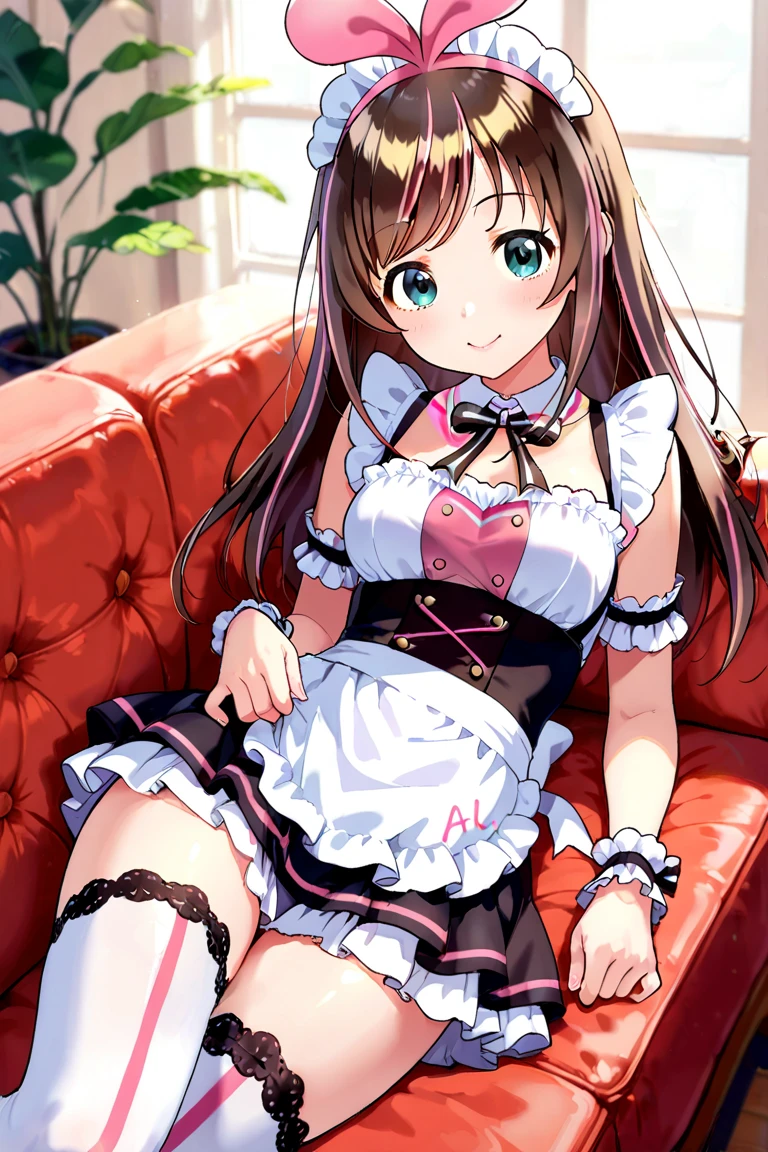 masterpiece, best quality, highres, kinomoto sakura, 1girl, brown hair, short hair, antenna hair, , green eyes, , white thighhighs, , sit on sofa,, smile,(),from below,open legs,my room,(((maid costume))),miniskirt,small breasts,open mouth,(((spoken heart)))