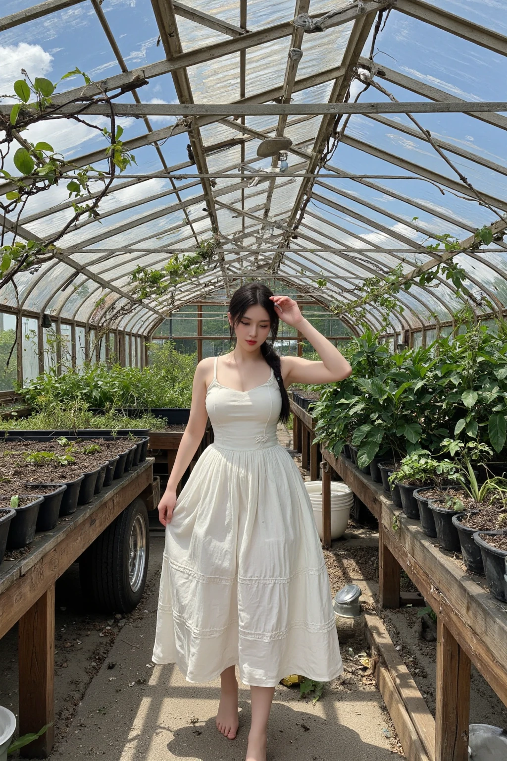 Low angle photography,High angle photography,Summer afternoon,An abandoned greenhouse,Twill dress {x} Tangle plants inside,vines crawling,An oriental beauty,Long hair tied ponytail,Twill dress,Barefoot crossing the photographer momentarily,decaying footage
