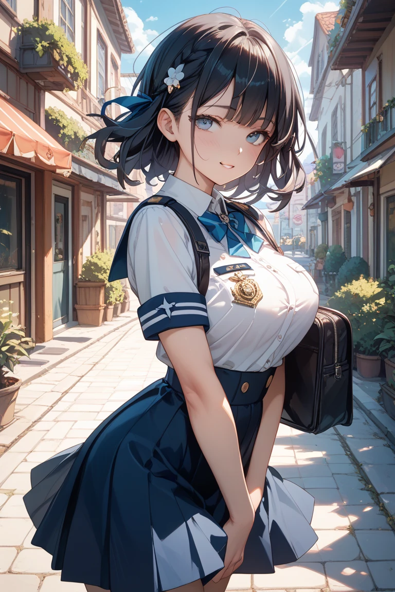 One Woman、crowd、Station platform、beautiful girl、Sailor suit、Pleated skirt、Holding a backpack with both hands、Year: 18、Bob Cut Hair, Highest quality,  Body Type、panties、bra、Small cleavage 、Small Ass、Black Hair,Upper breast、Black knee-high socks、Cowboy Shot、Ultra-high definition images、Angle from directly above、Lying on the ground、Lie down with your legs apart、Sleep on your back、