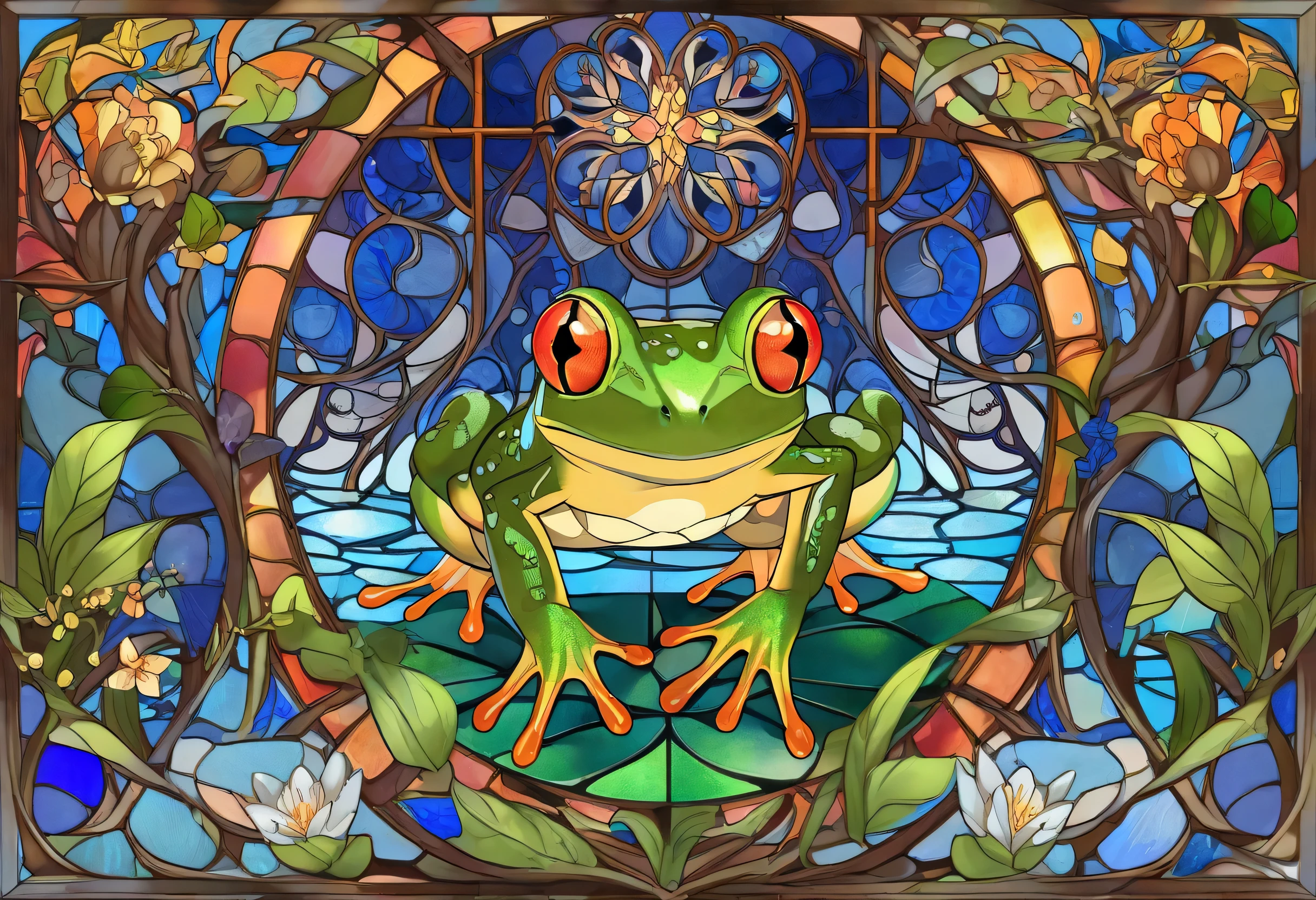 fantastic,Stained Glass,8K High Definition Detailed Art, highly detailed digital art,beautiful digital paint, Little Crow Frog,Dynamic Frog,No branches ,From the front