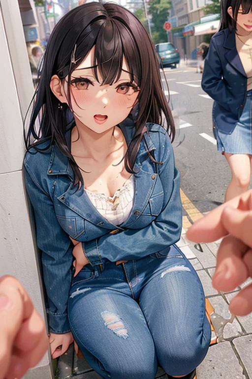 ((Highest quality)), ((masterpiece)), (detailed), One Girl,(Knee-length),Private Server,Big Breasts,(White Denim Mini Skirt),White shirt,(Open Chest Button),22-year-old woman,(Naughty look),((Excited expression)),Browsing Caution,nswf Japanese,(attractive appearance),atmosphere,Remote control rotor,pink remote control,blush,Watery eye,night,train,(trainの中で立ってる女の子),(Gaze seducing a man),