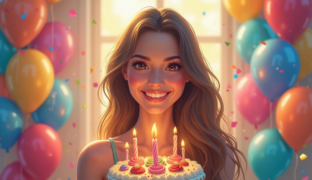 araffe woman holding a cake with candles and balloons in the background, birthday painting, realistic cute girl painting, digital cartoon painting art, by Jason Chan, cartoon digital painting, beautiful digital illustration, exquisite digital illustration, adorable digital painting, cartoon style illustration, holding a birthday cake, by Yanjun Cheng, by Ryan Yee, caricature illustration, celebrating a birthday, happy birthday
