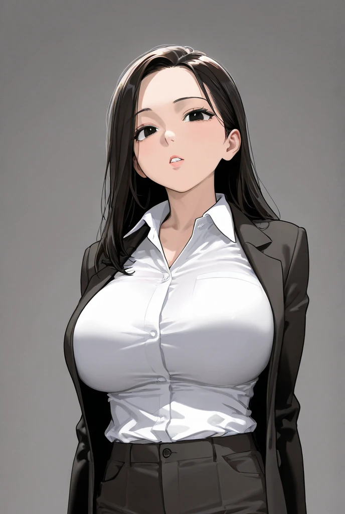 photorealistic, high resolution, 1women, mature female, solo, hips up, black hair, long hair, longsleeve white shirt, belt, pants, police, cleavage, (downblouse), necklace,sharp jawline,makeup, big jhumka earrings,red lipstick , blazer 