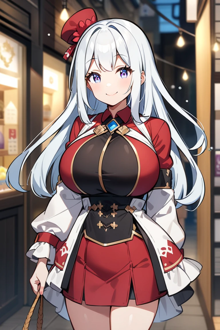 17 Years Old, beautiful girl, masterpiece, 最高品質, 8K anime,Surf the picture,illustration, 1 girl, bara, black shirt, White shirt, Fold the red ribbon on the chest......................., ,Precise, bestquality,shape: Height about 164 cm......................... There is a chest on CAP D.......................... ,Red Eyes, Long straight eyebrows...................., But some people....... ,anime ,White hair to the waist.,Researcher Kit,nighttime,moon light,Red Eyes,The shirt looks like a mid-range shirt..,Red Gem Earrings,Church Goddess,Hair drill