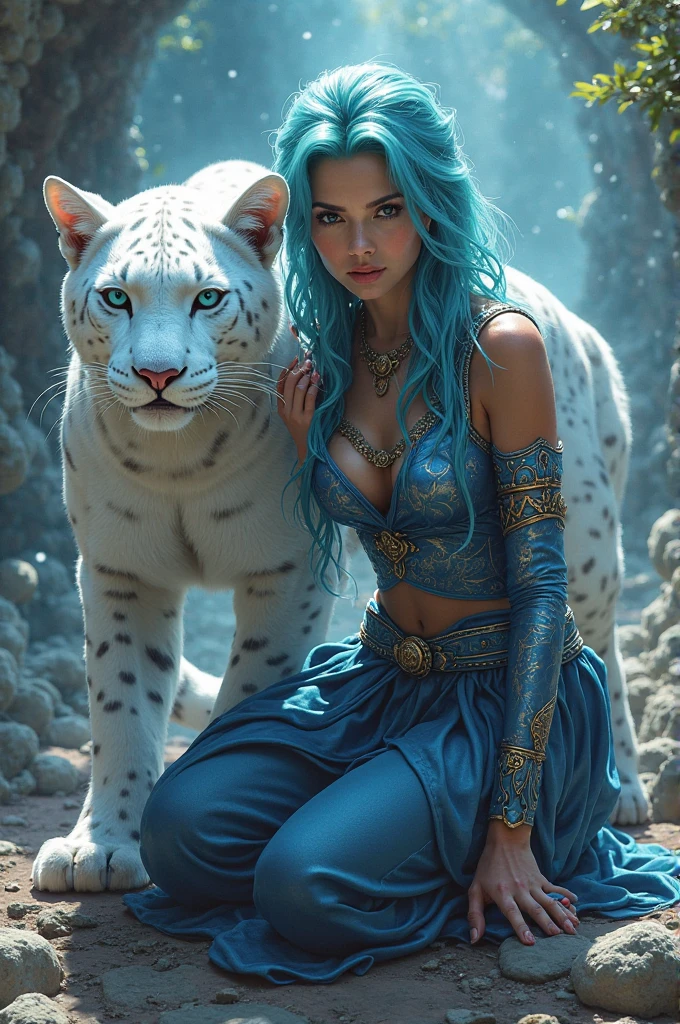a beautiful girl model laying near a tiger with blue hair, in the style of dreamlike illustrations, realistic hyper-detail, light turquoise, dot-painted colors, optical blending, soft yet vibrant, hyper-realistic pop, dreamlike figures