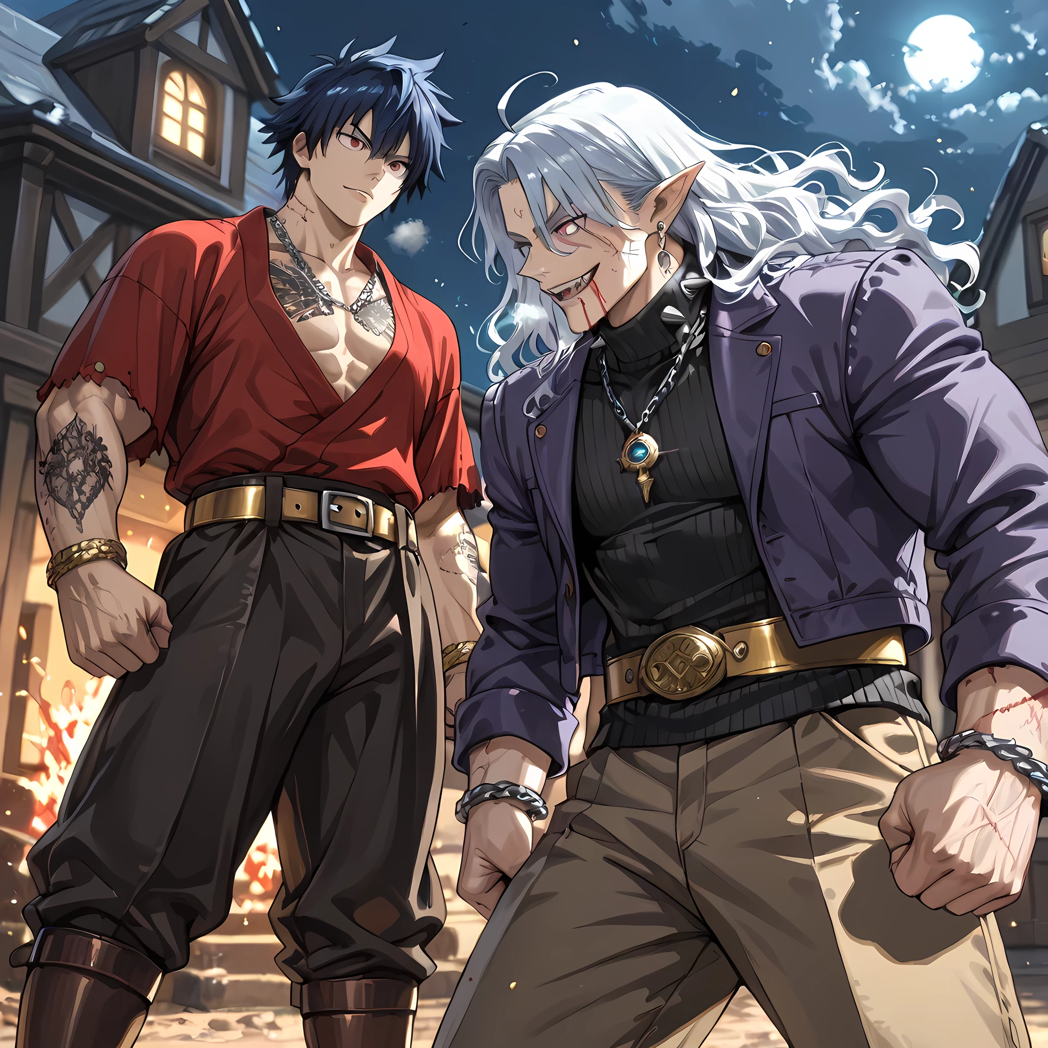 ((Ano Danchi no Tsuma-tachi wa... The anime style of animation:1.4)), {man1}:(man1 similar to Keisuke Baji, human ears, thirty-two year old man, wavy hair, strong-bodied man, developed physique:1.2, muscular body:1.2, purple jacket, gray turtleneck underneath the jacket, gold belt on long pants, black army pants, silver chain attached to the side of the pants, black leather boots, thorn bracelets on the arms, scars on the arms, burn marks on the cheeks to the middle of the neck, earrings with a waning moon pendant, short gray hair quite messy to the height of the ears, hair covering the eyes, hair tips dyed purple, eyebrows in the shape of gray flames, pink eyes, ahoge hair, heavy breathing, man1 with a crazy smile, sharp fangs, man1 punching man2 in front of him in a bloody fight, man1 advancing with punches against man2, bats appearing around the men, blood spilling from the lips, man1 staring at the enemy head on with an intimidating look), BREAK, {man2}:(man2 similar to Gray Fullbuster, man with his back to the viewer, developed physique:1.2, muscular body:1.2, worn red shirt tightening his chest, long brown pants, man2 clenching his fists and in battle pose, brown leather boots, spiked collar, dark blue hair, red eyes, dragon tattoo on his right arm, bronze bracelets, facing man1 head on, exchanging powerful punches against man1, panting and completely injured by the bloody battle, advancing towards man1) | ((man1 vs man2):1.4), ((better image quality, better sharpness, better saturation, better vibrancy, better color balance, better shading, full HD, better quality of facial details, fantasy anime style, richly detailed scenery, better resolution, richness of scene details, lighting balance)), (side angle, top view of a house, enlarged view of the scenery of a medieval town).
