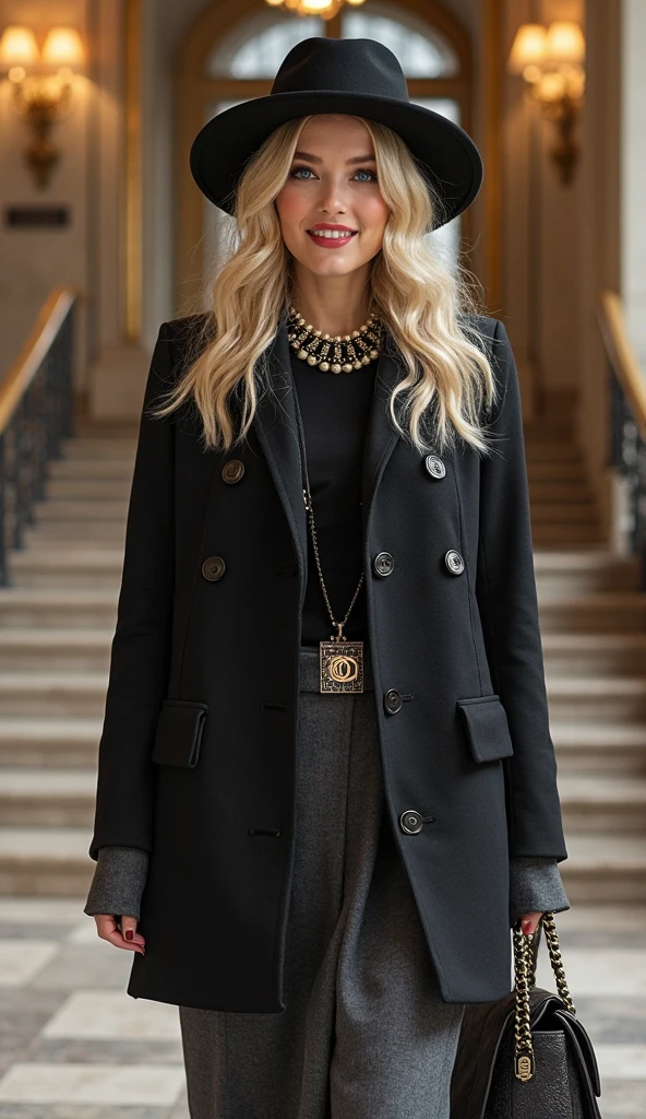 a one woman, americana, age 25, pale skin and freckles, grey-eyed, delicate nose, soft and delicate lips, distant, distant, wavy, waist-length blonde hair, Sweet smile, face with delicate feminine facial features, Highly Rendering, golden bracelet