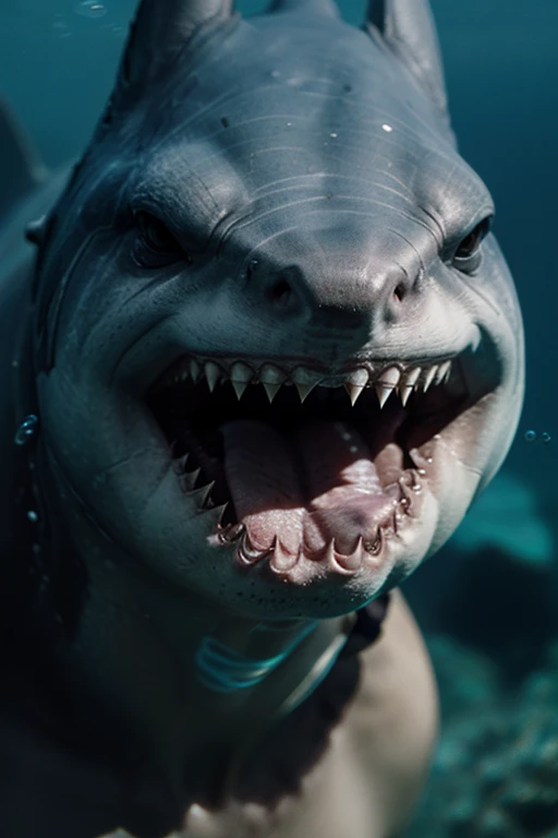 Create a realistic image of a Megalodon from the front, as if it were looking directly at the camera. The Megalodon must be submerged in deep water, with an intimidating and menacing expression, capturing the essence of a dominant prehistoric predator. Details such as sharp teeth, piercing eyes and skin texture must be well highlighted to increase the realism and visual impact of the image.