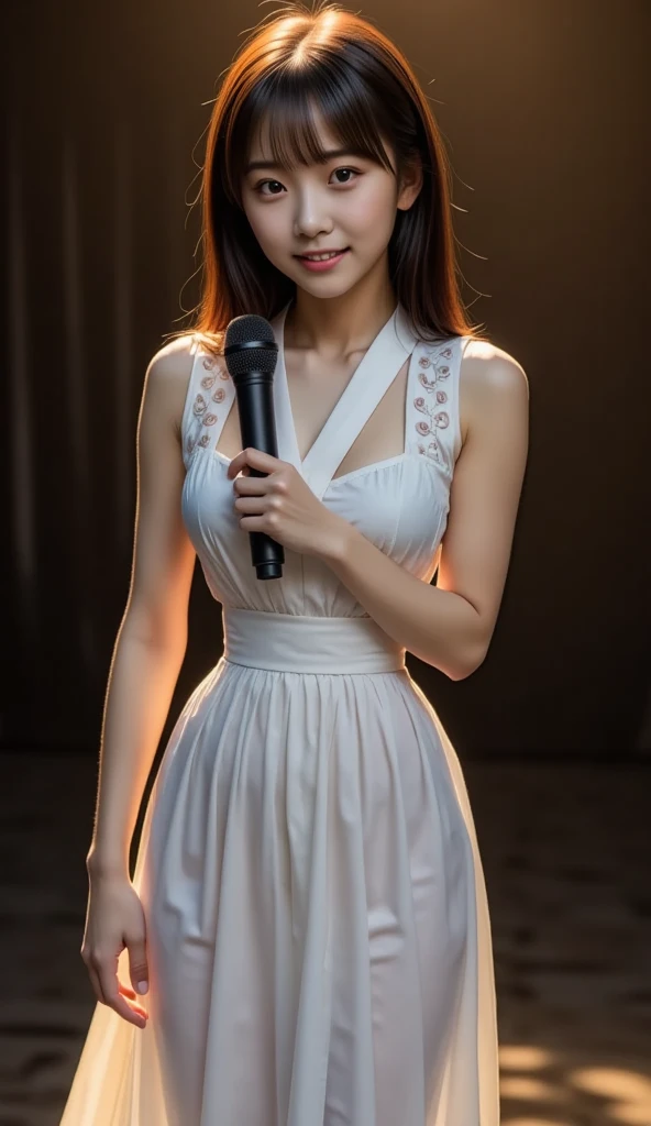 A live-action photo of an extremely beautiful Japanese high school girl race queen who highlights her large breasts and beautiful legs.、Wearing a branded long cabaret dress at a photo studio, a promotional photo for compensated dating was taken、She is an eternal idol who combines a clean look with modern charm.。 She creates such beauty。 She feels her own warmth。 She creates a warm atmosphere。 We create beauty。 That's what I want to say。 In her full body photo、The figure features porcelain-like skin and golden hair that radiates a soft glow.。 This is probably、It captured the essence of her timeless charm.、This is the best shot ever.。 Each straight line and curve is carefully expressed.、Breathtakingly beautiful with impeccable detail。 This piece perfectly captures her timeless beauty.。 Divine Proportions、Sharp focus、Full-body photo taken by Kishin Shinoyama、high quality、High resolution、Detailed Background