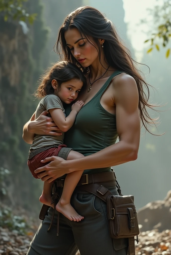 A strong girl lift up a injured boy on her lap
