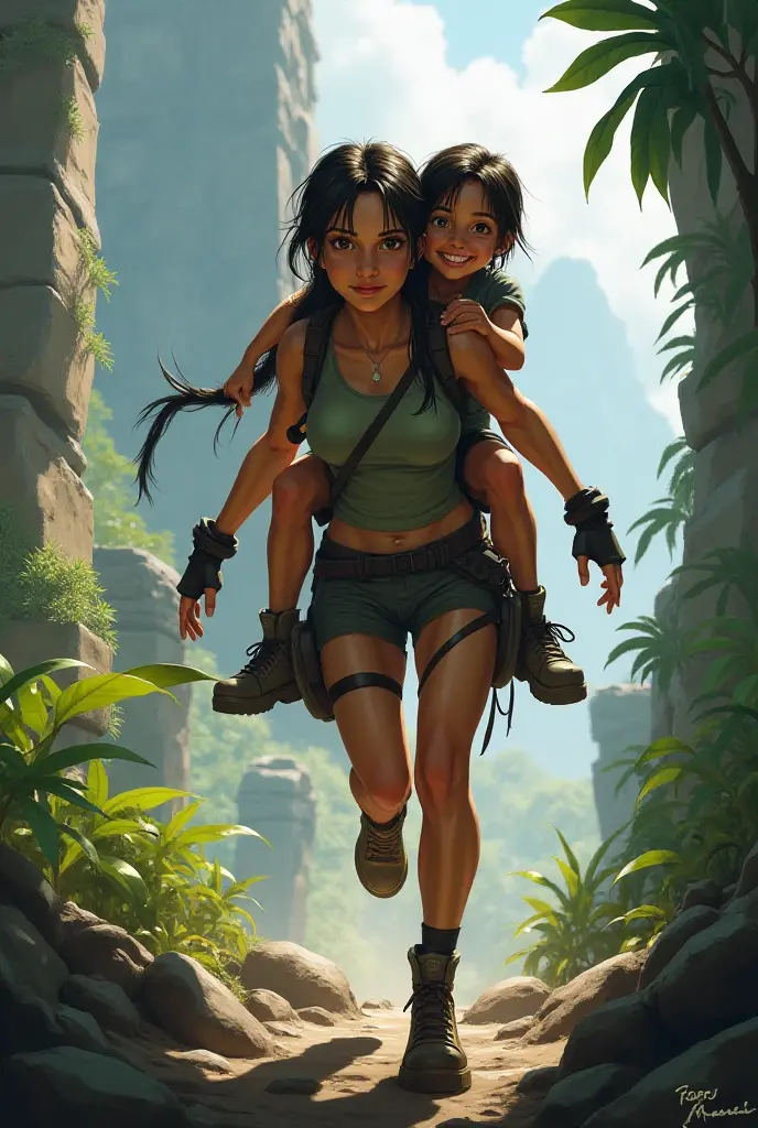 A strong girl lift up a injured boy on her back