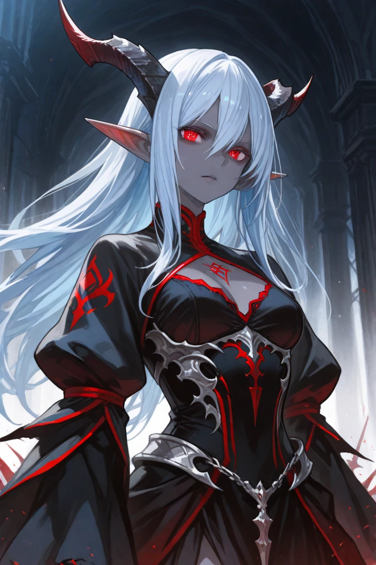 (Ashenhardt Style:1.4), masterpiece, 最high quality, high quality,(Glows dark red、Has red eyes、darknessに囲まれた暗い形のない生き物:1.2), (profile), (darkness:1.2), Abstraction, deep sea, Award-winning photography, Depth of written boundary, High resolution, Very detailed, Art Station Trends, CGSociety Trends, Complex, High detail,(masterpiece:1.2, 最high quality), (Best lighting, Very delicate and beautiful), (Best lighting, Very delicate and beautiful), (Beautifully detailed face), (Detailed eyes and detailed face:1.2), Dark fantasy, (Young girl, Little Beast, One girl, alone, Crazy Smile, Pale skin,19 earrings,((Tattoos all over the body,Tribal tattoos all over the legs)) Gray Hair, Glowing red eyes, Dynamic Angle, vampire), (get chains, magic circle, Graffiti on the wall, background)),conjuring a demon), Magic Thunder, pointed_ear, tooth,Devil&#39;s Wings,Devil horns,There was blood on my face.,Rain of blood,blood mist,(Depth of written boundary),High Contrast,(Blood splatter:1.4),Cowboy Shot,whole body, Black lace-up thigh-high boots,shout, Sacrifice, Magnificent stage
