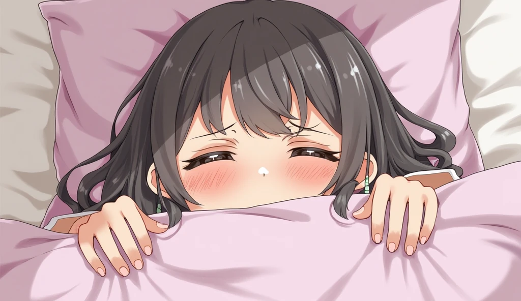 Portrait、512、Medium hair with black hair、high school girl、Tear mole on left eye、pajamas、On the bed、Waking up、Overreaching、Yawn、Right hand is at mouth、The left hand is raised