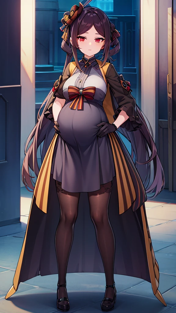 (((1个Giant Breast Girl)),Ray traching,(dim murky lights),[detailedbackground(Bedrooms)),((golden hair)),((golden hair)),(((((Fluffy blonde hair,plump and slender girl))Wears a high ponytail)))Avoid golden eyes in the ominous bedroom((((Girl wears white shirt,Black wrinkled skirt,Wear yours with black sheer pantyhose),It shows a delicate and slender figure and beautiful curves,Correct limbs,sit on a bed,Pregnant belly,Pregnant belly,Pregnant women with