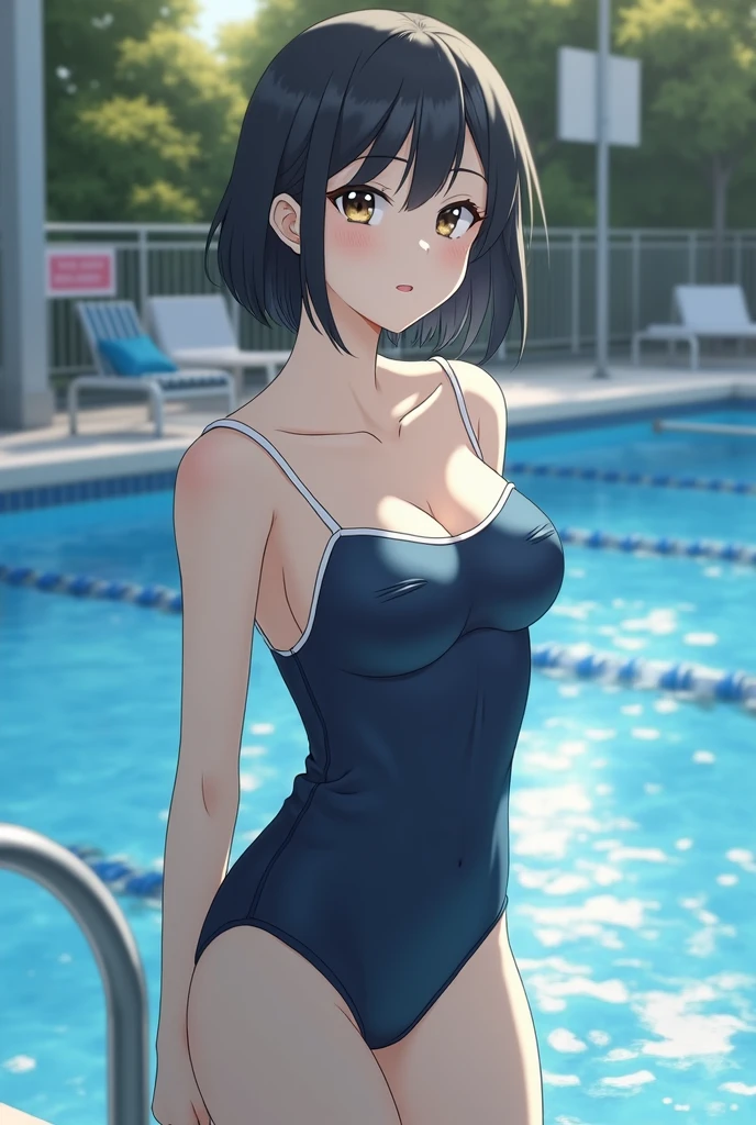 Best Quality, Detailed, 8K, 4K, Detailed beautiful girl, top-quality, hight resolution, hi-school girl、Smooth skin, tits out, NSFW, school swimming pool、Wearing a school swimsuit、out、