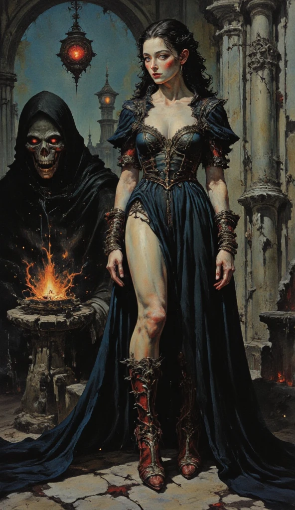 A full moon with a screaming face, below her some skeletons dressed in steampunk