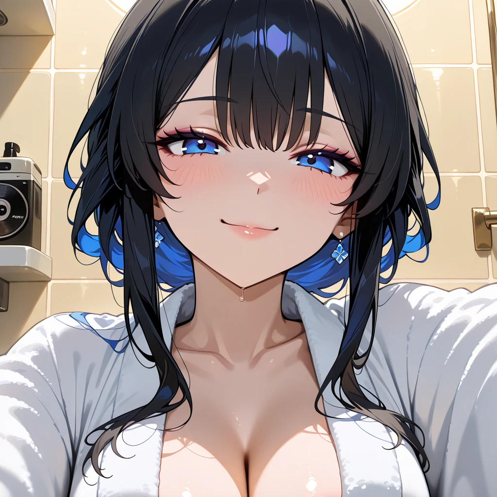((Master Masterpiece)), ((Top image quality)), illutstration, The girls1Guys, Hair color, Bangs, Hairstyle Fax,cat ear、 Portrait from the waist up, Slender、Constricted hips、((big boob))、Maiden、kyoto、blackhair、((bathrobe))、((nudist))、((Gray sheer micro bikini))、Transparent underwear、Opening Mouth、The look of being slapped on the butt、Portrait looking up from below、Photography room、fashion model、