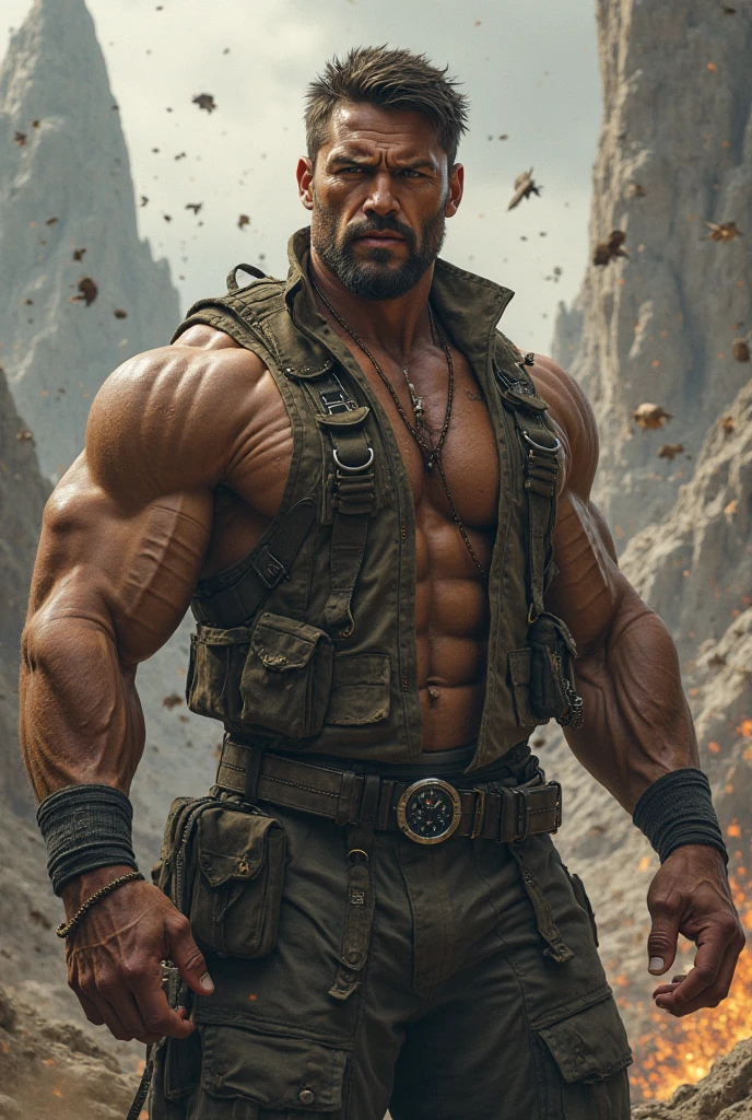 strong muscular man , street angry, backpack, epic realistic, photo, faded, complex stuff around, intricate background, soaking wet, neutral colors, ((((hdr)))), ((((muted colors)))), intricate scene, artstation, intricate details, vignette