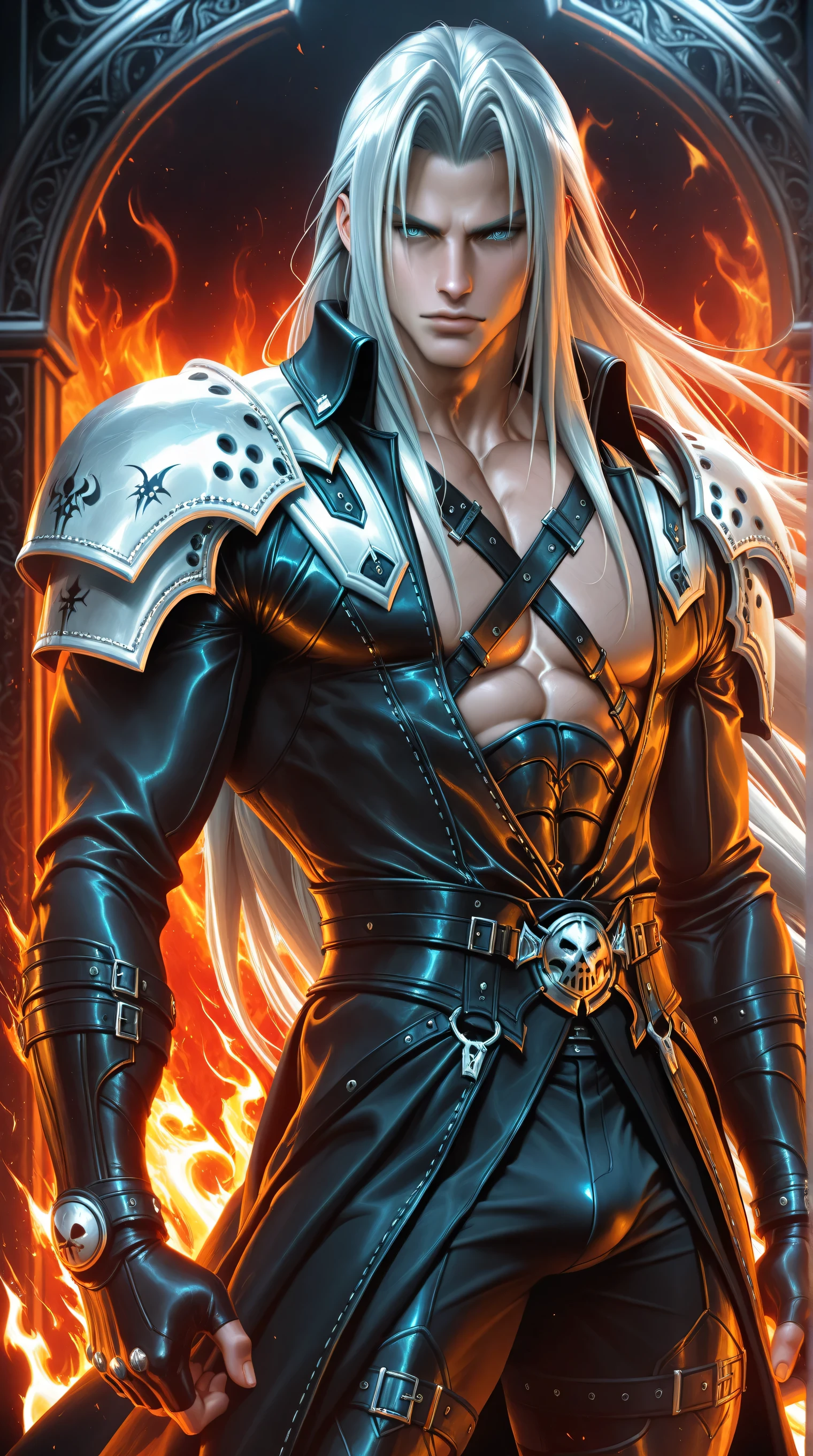 (TangoBat:0.7),(Sakimichan:0.7), 1boy,male, Sephiroth final fantasy, long hair, Silver hair, long black jacket, black pants, armor, shoulder pads, background of flames,  wallpaper, extremely detailed,  masterpiece, best quality,absurdres 