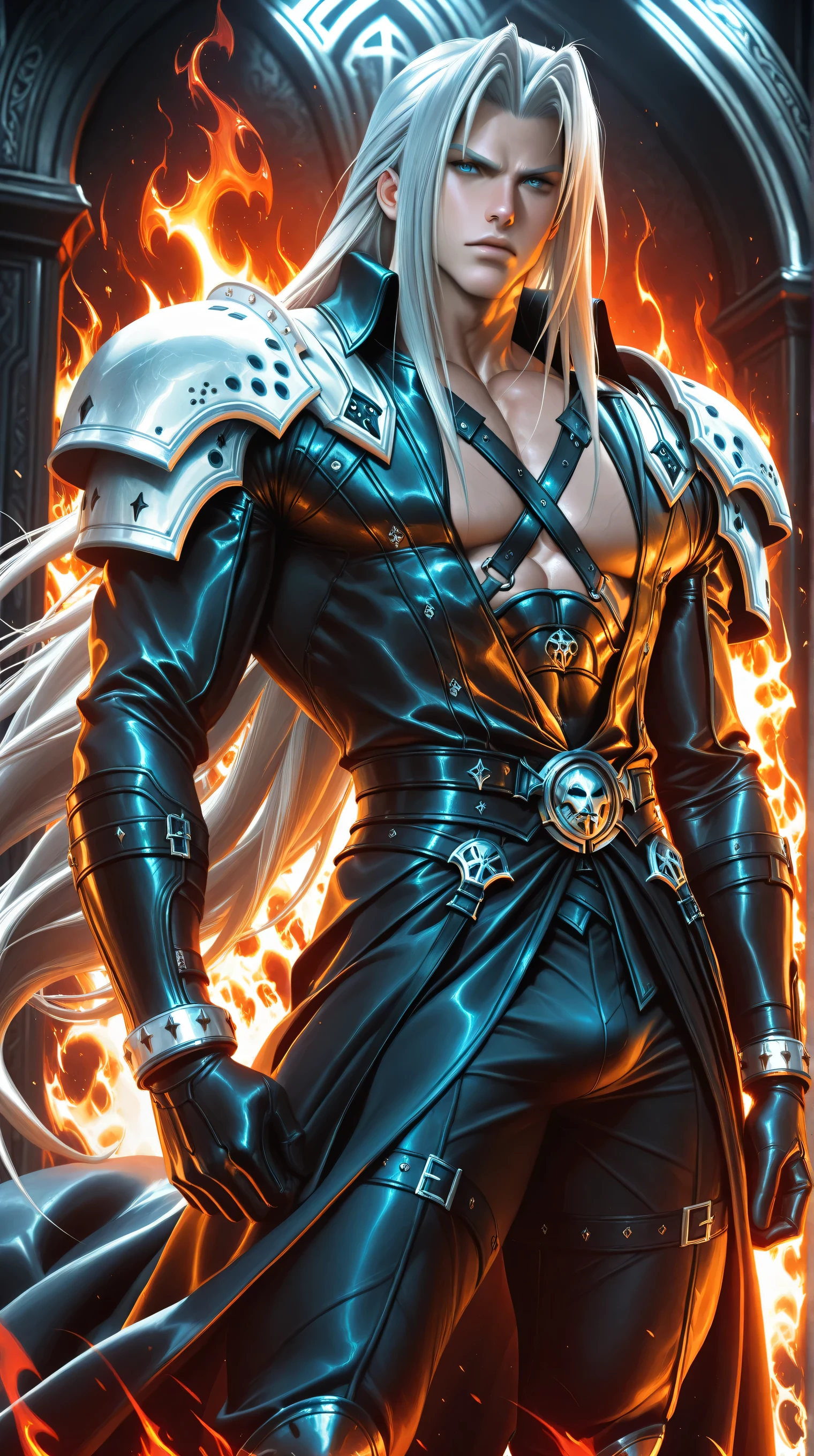 (TangoBat:0.7),(Sakimichan:0.7), 1boy,male, Sephiroth final fantasy, long hair, Silver hair, long black jacket, black pants, armor, shoulder pads, background of flames, wallpaper, extremely detailed, masterpiece, best quality,absurdres
