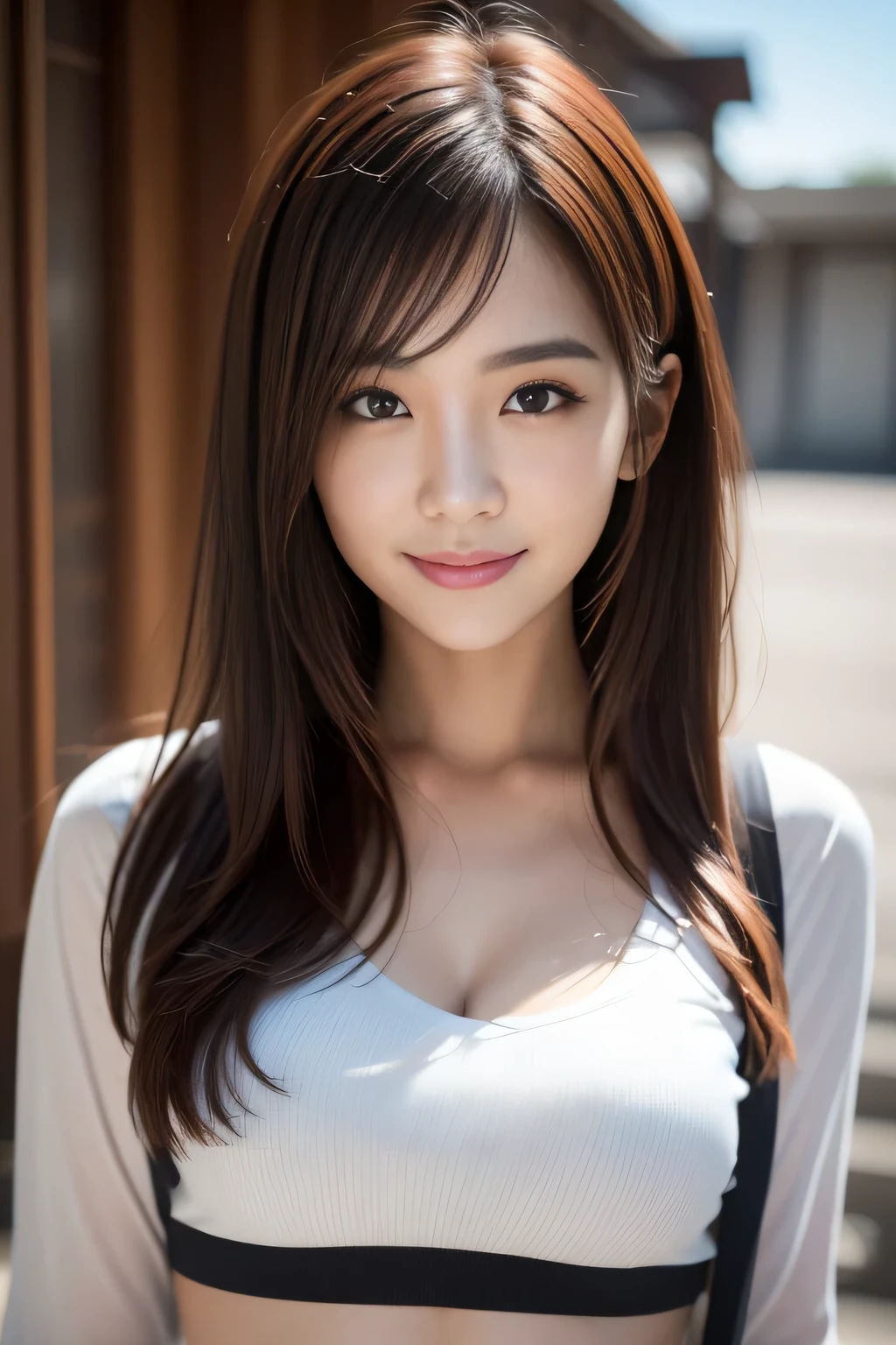 ((Best Quality, 8k, Masterpiece: 1.3)), Full Body, (Best Quality, Masterpiece: 1.2), Cute Japan Woman Pictures, 1 Girl, 25 Years Old Beautiful Japan Girl, (White T-shirt), Full Body Portrait, Very Delicate Body, Big Breasts, ((Thin Waist: 5.5)), (Slender Abs: 3.5), (Female 160 cm), Focus Clear: 1.2, Outstanding Beauty in Style: 1.4, Slender Abs: 1.2, (((Brown Hair, Big: 1.2)), Highly Detailed Face and Skin Texture, Detailed Eyes, Double Eyelids, Outdoor, Upper Body Only Portrait, Hair Fluttering in the Wind, Shy Smile