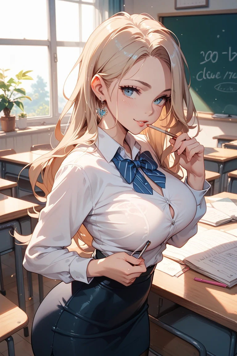 Blonde, sexy, green eyes, studying while flirting with his teacher 