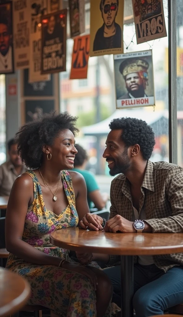 Candid street photography of an interracial couple sitting on a bench, blonde woman, black man, laughing and chatting, tender moments, shallow depth of field, natural light, film-like feel, capturing the essence of their love and relationship.